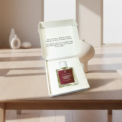 Perfume bottle labeled 'Garden Spell' in an open box on a marble surface.