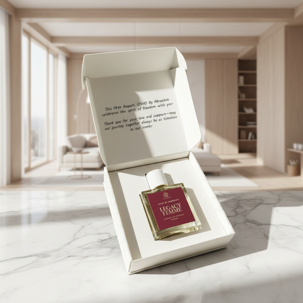 Perfume bottle in a box with a message on a marble surface