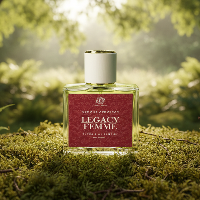 Perfume bottle labeled 'Legacy Femme' by Osho on a marble background