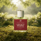 Perfume bottle labeled 'Legacy Femme' by Osho on a marble background