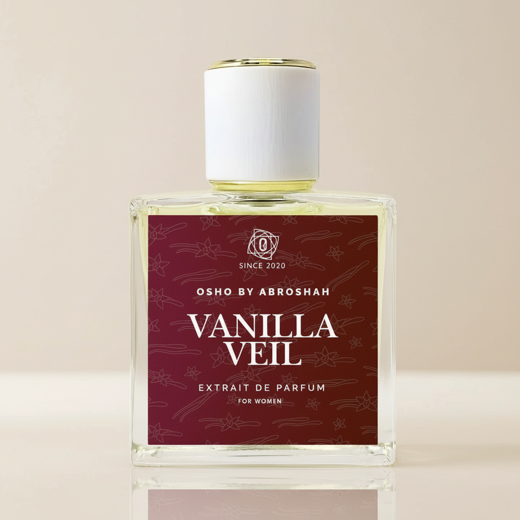 Perfume bottle labeled 'Vanilla Veil' by Osho by Abroshah on a light gray background