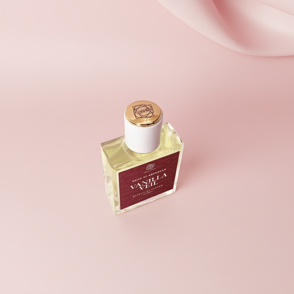 Perfume bottle labeled 'Vanilla Veil' by Osho on a marble surface